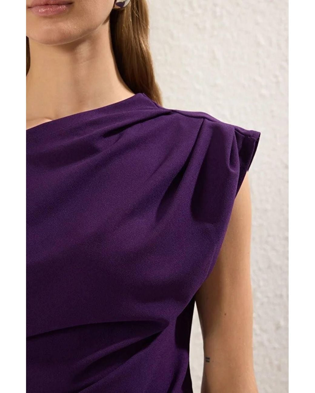 WOVCOR Purple Draped Bardot Neck Ruched Detail Sleeveless Top