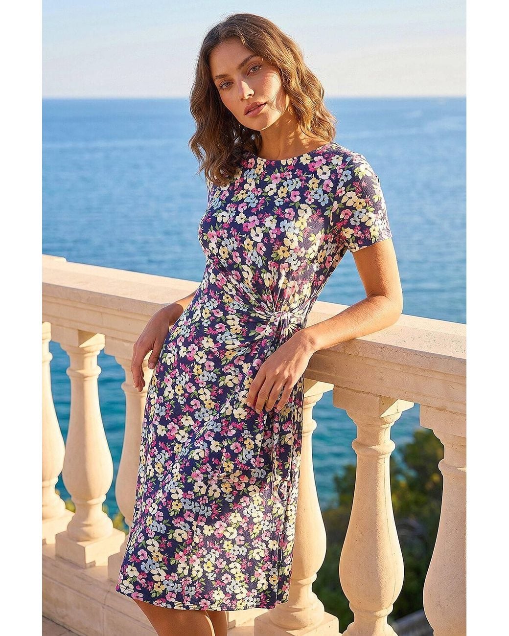 Roman Blue Petite Floral Side Tie Midi Dress