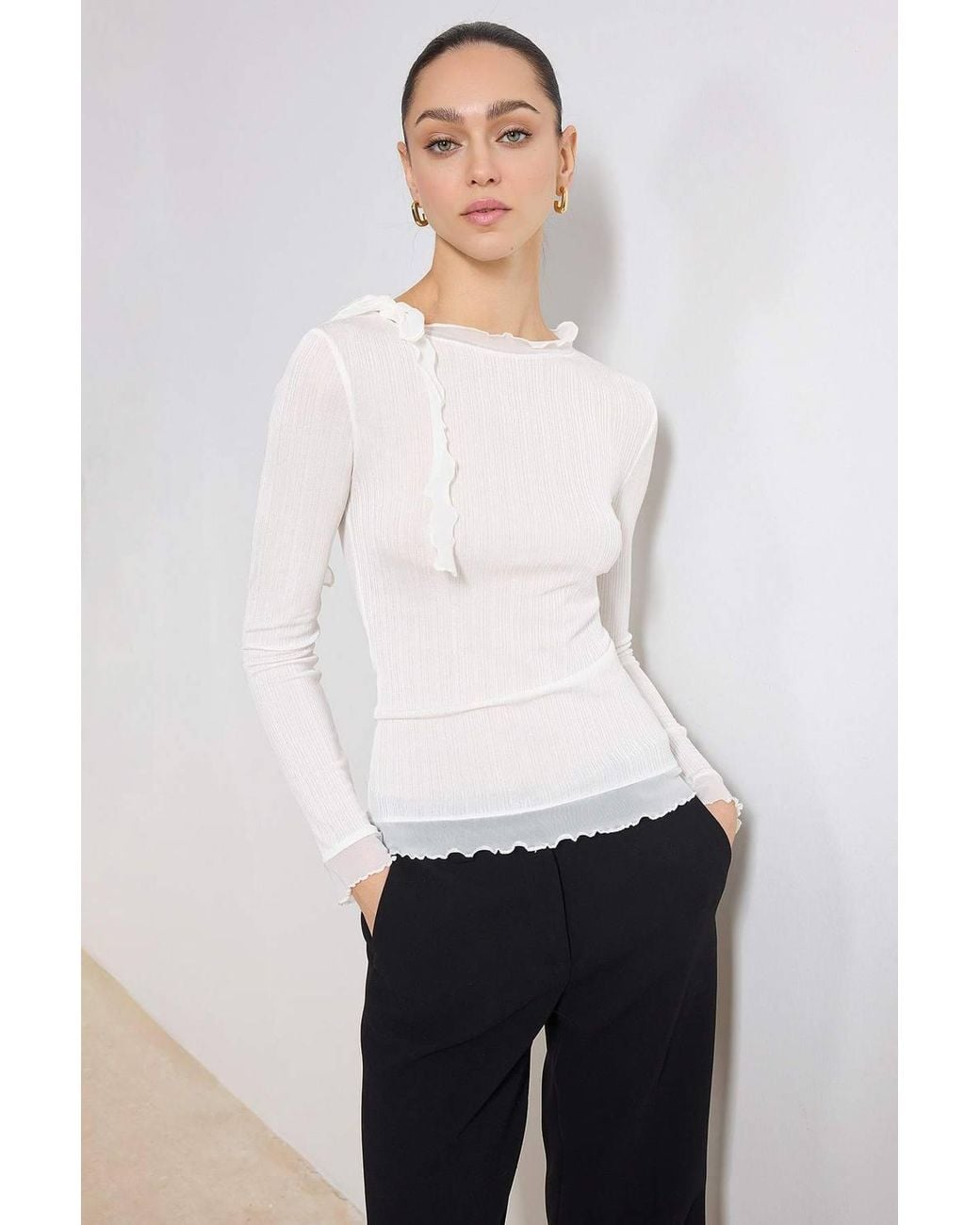WOVCOR White Transparent Fitted Long Sleeve Frill Detail Textured Knit Blouse