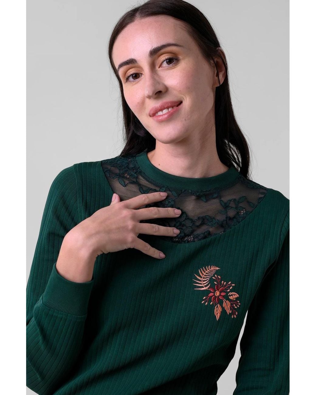 Enorsia Green Lace Detail Long Sleeve Midi Dress