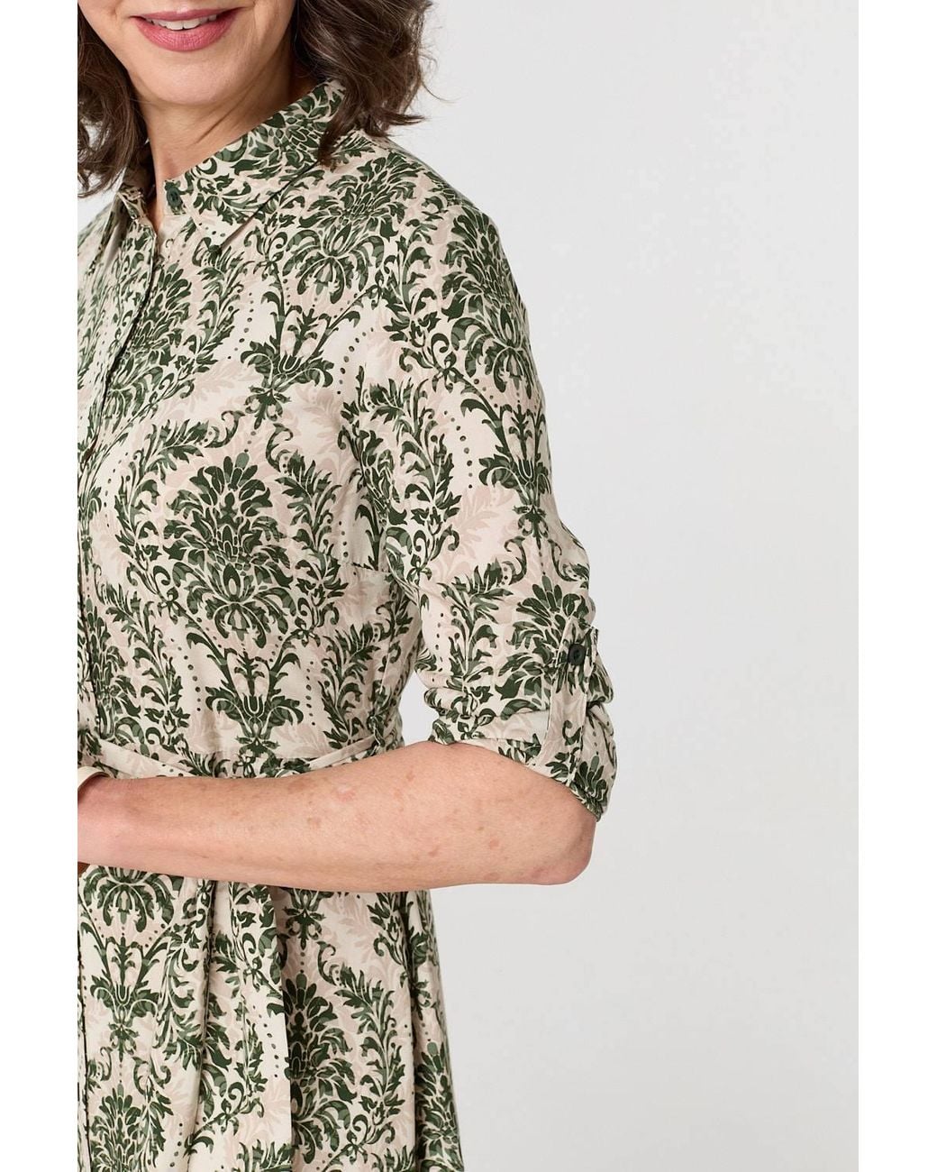 Izabel London Green Baroque Print Tie Waist Midi Shirt Dress