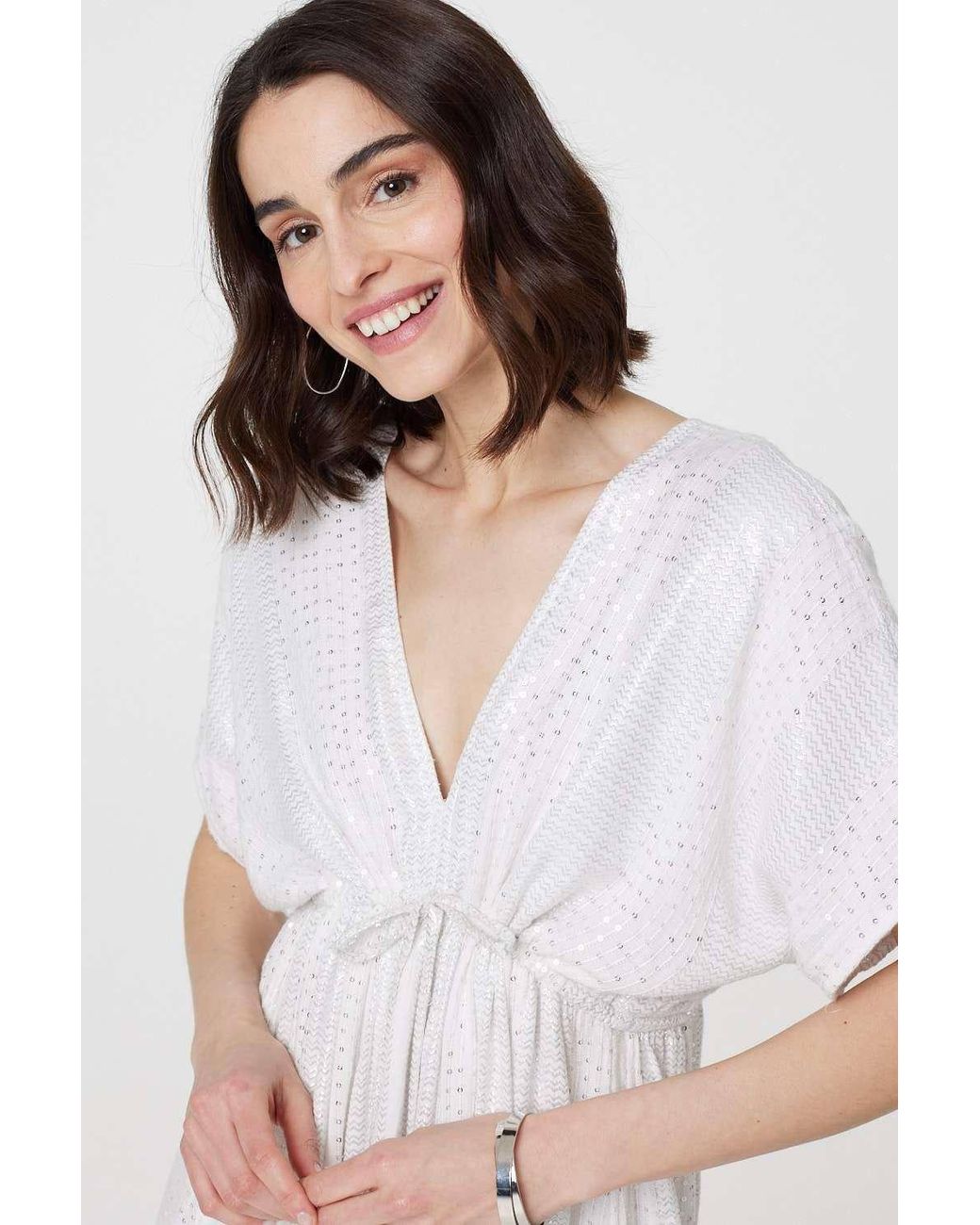Izabel London White Dotty Empire Waist Kimono Maxi Dress