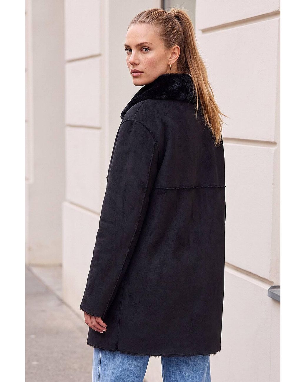 Roman Blue Shawl Bonded Faux Fur Coat