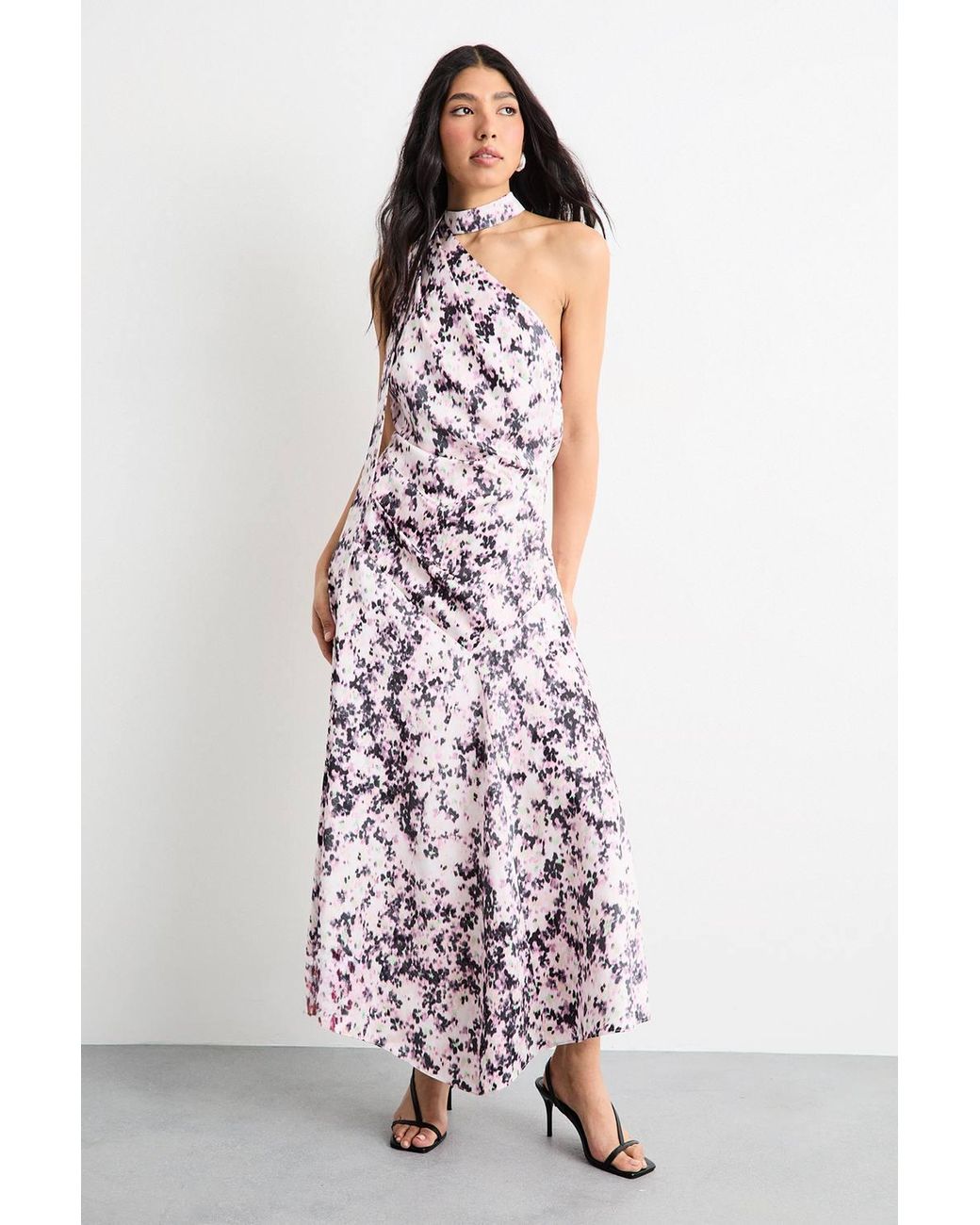 Warehouse Multicolor Printed Scarf Tie Asymmetric Satin Maxi Dress