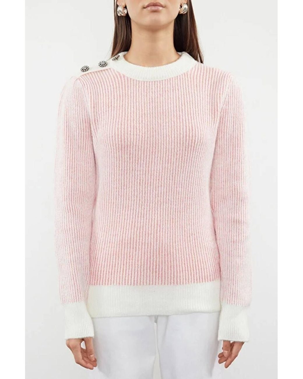 WOVCOR Pink Soft Textured Striped Knit Sweater W/ Button Detail