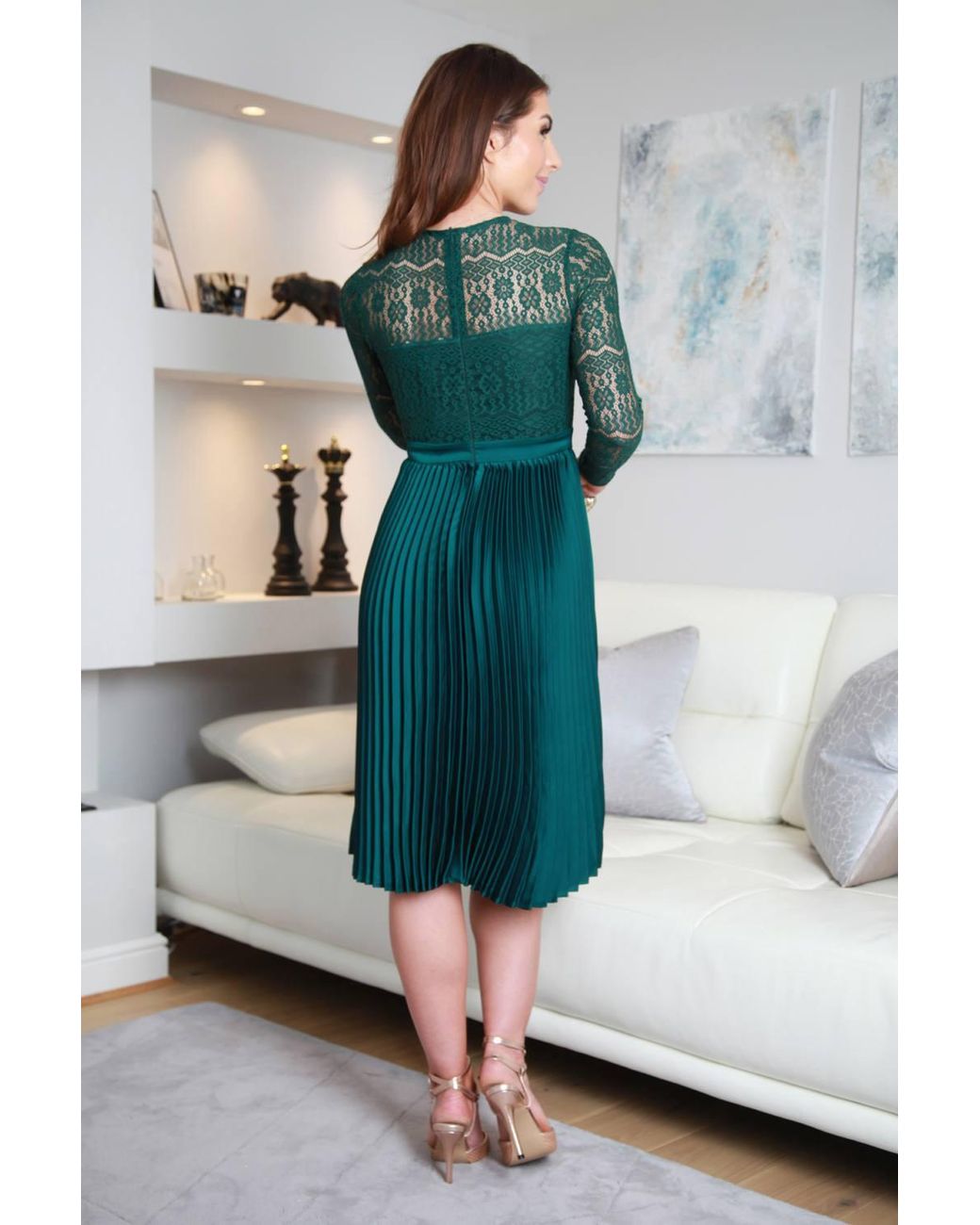 Double Second Green Lux Lace Dress W/ Pleated Satin Skirt