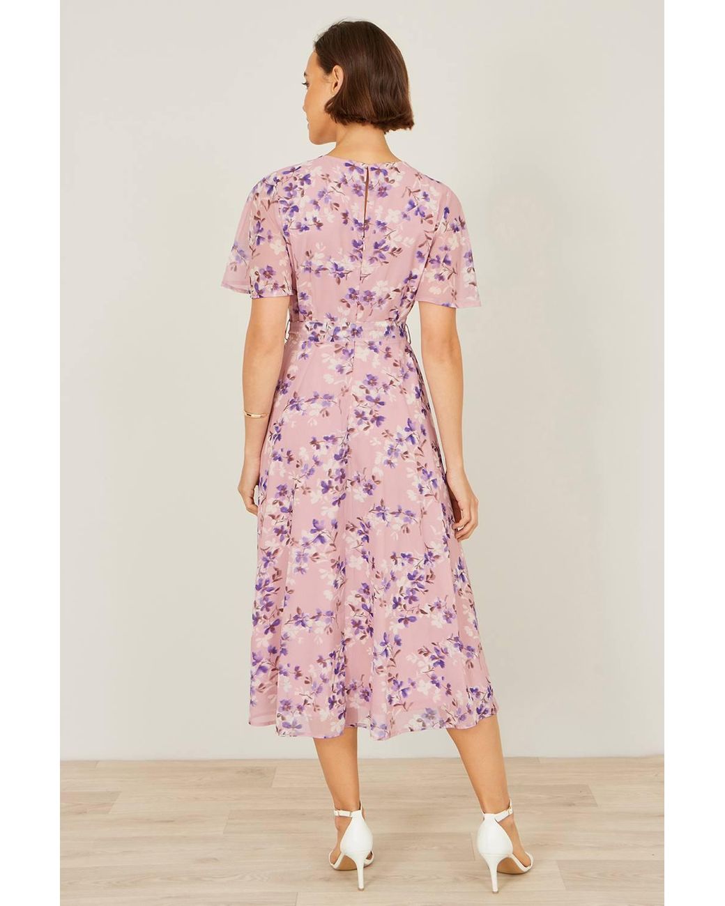 Yumi' Pink Blossom Skater Midi Dress W/ Angel Sleeves