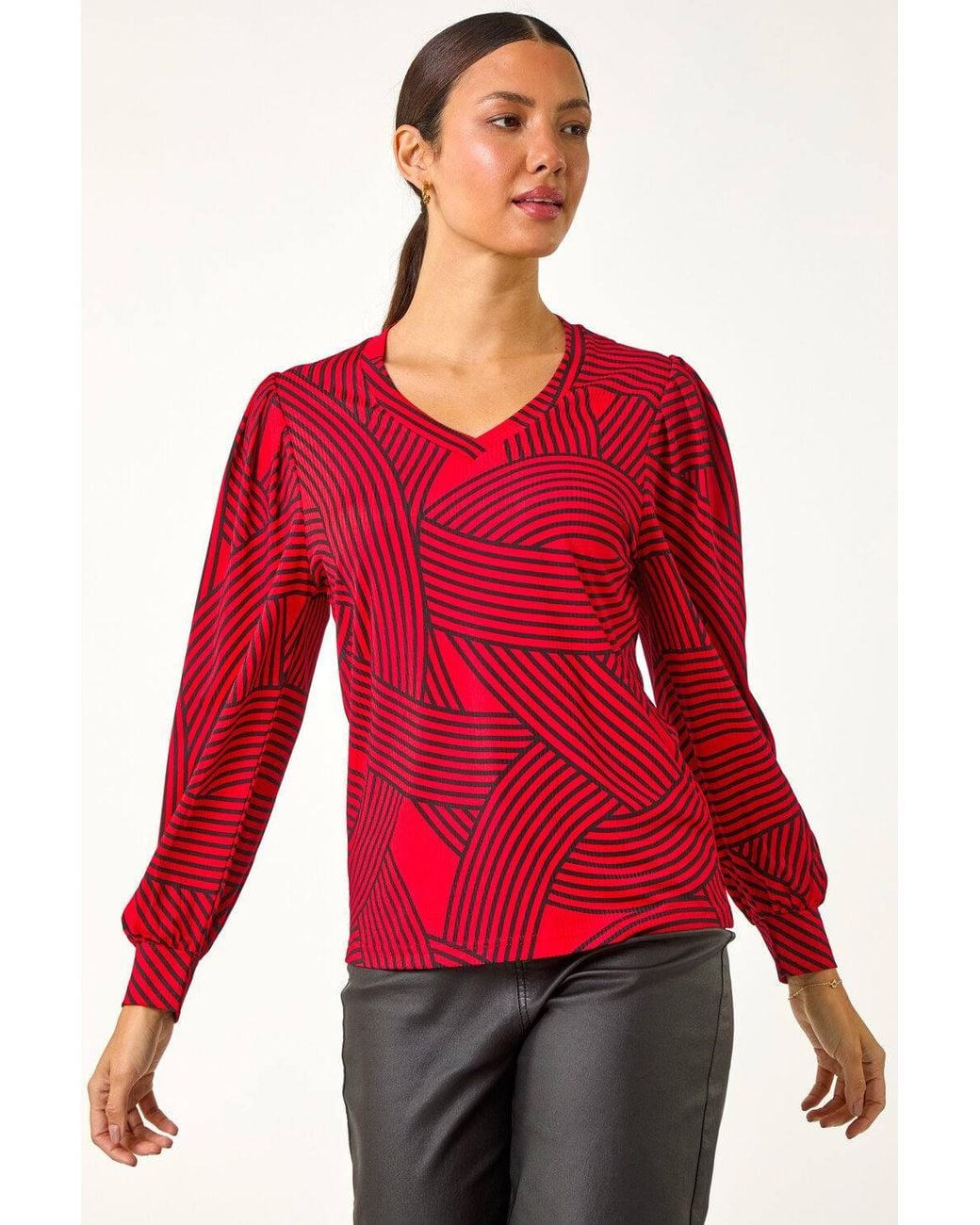 Roman Red Geometric Print V-Neck Stretch Top