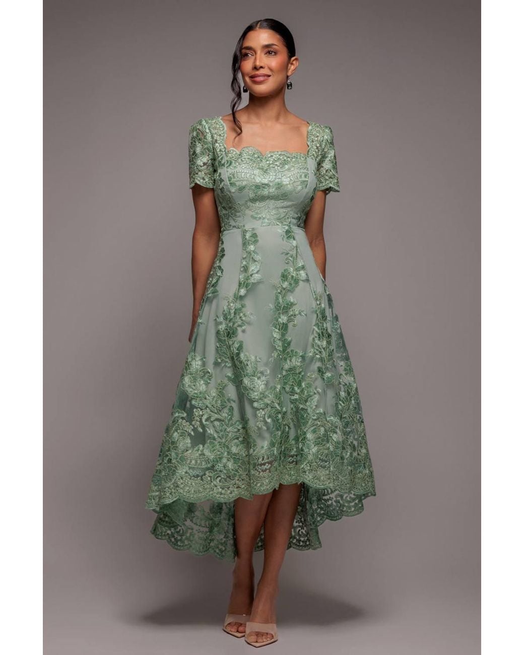 Goddiva Green Scalloped Neck Embroidered Lace High Low Midi Dress