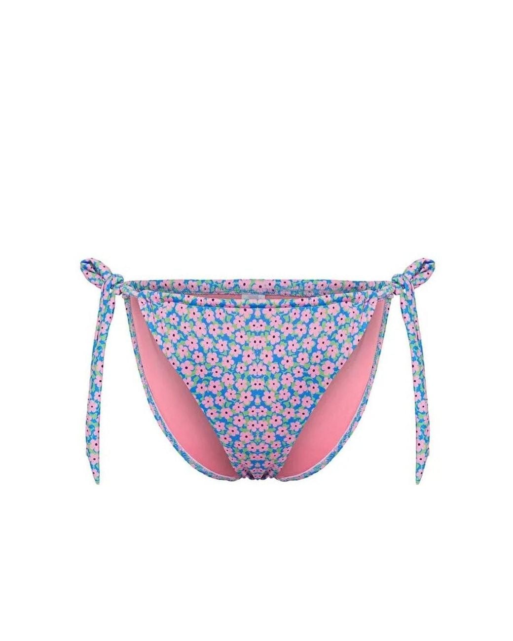 WOVCOR Blue Floral Print Tie Side High Leg Brazilian Bikini Bottom W/ Tunnel
