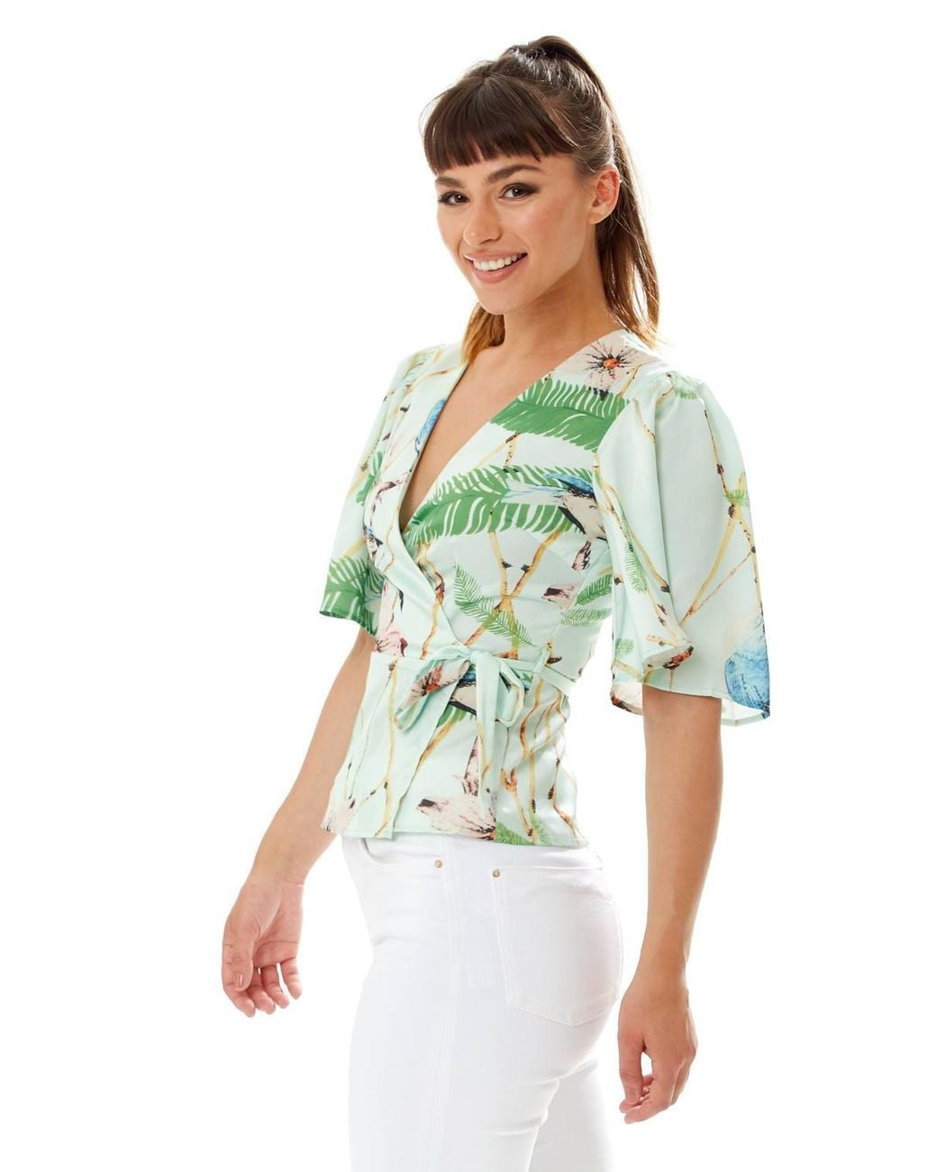 Liquorish Green Bird Print Wrap Top