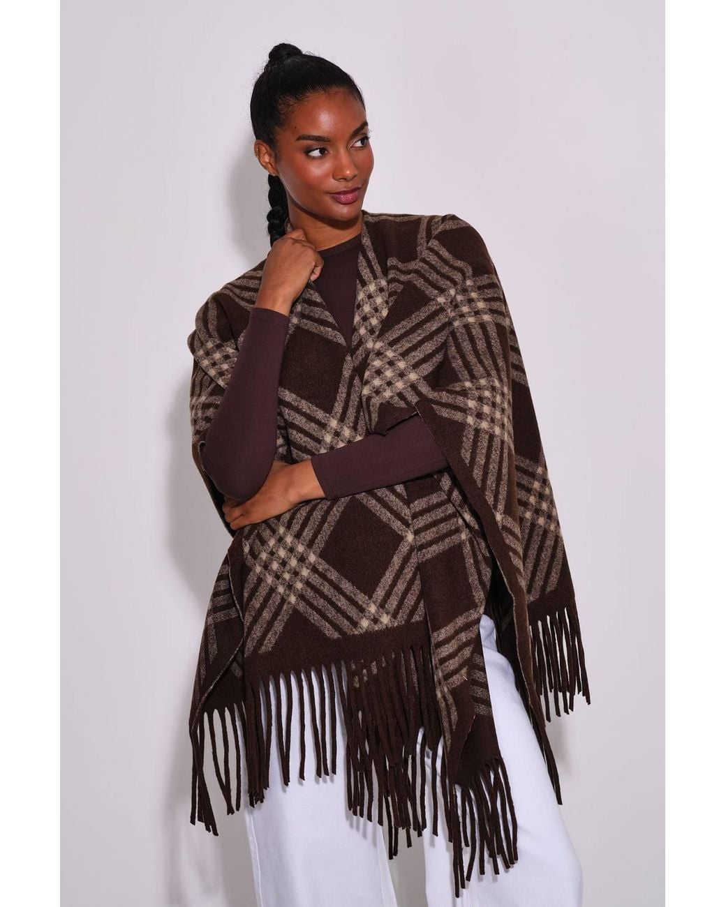 South Beach Brown Check Fringe Shawl