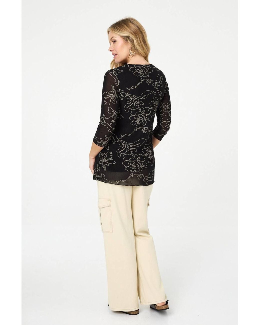 Izabel London Black Floral Print Semi Sheer Layered Top