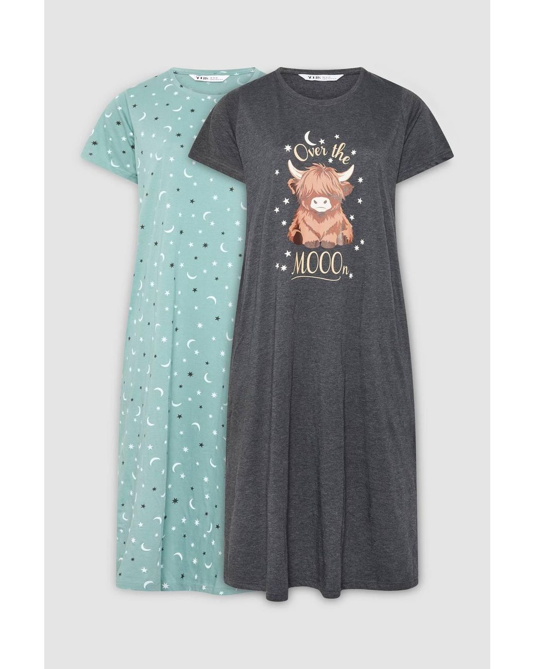 Yours Multicolor 2 Pack 'Over The Mooon' Highland Cow Midaxi Nightdresses