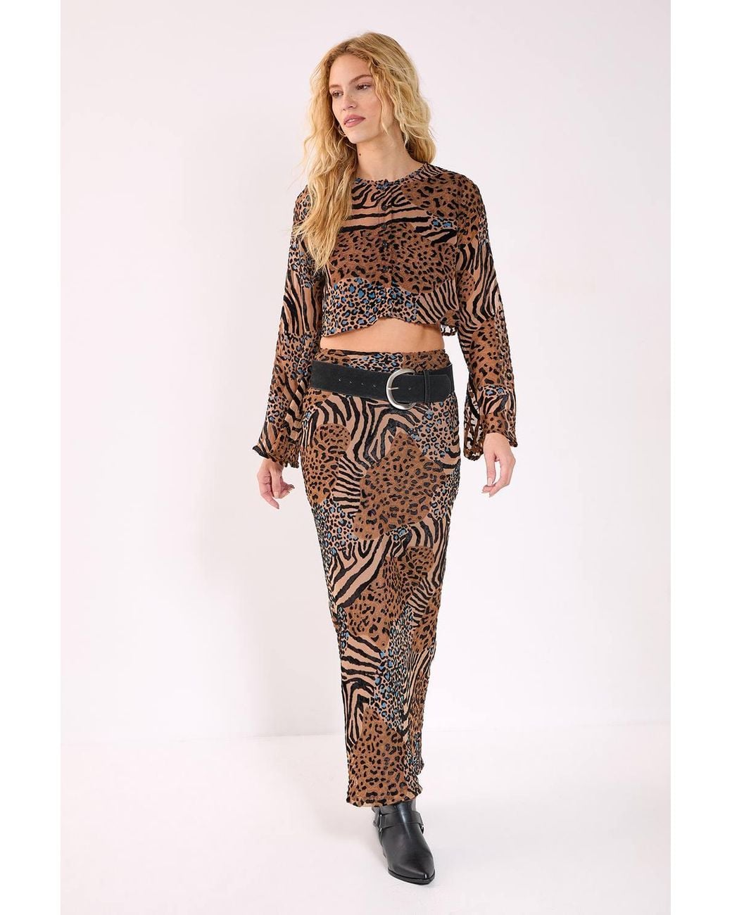 Nasty Gal Brown Mixed Animal Devore Button Through Flared Sleeve Top
