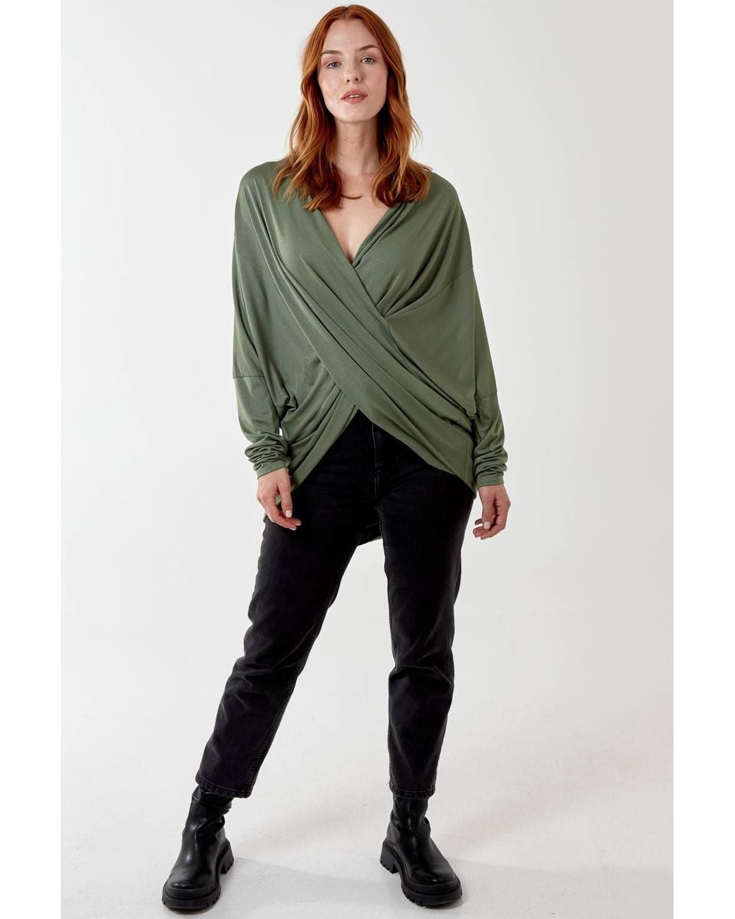 Blue Vanilla Green Asymmetric Drape Front Top