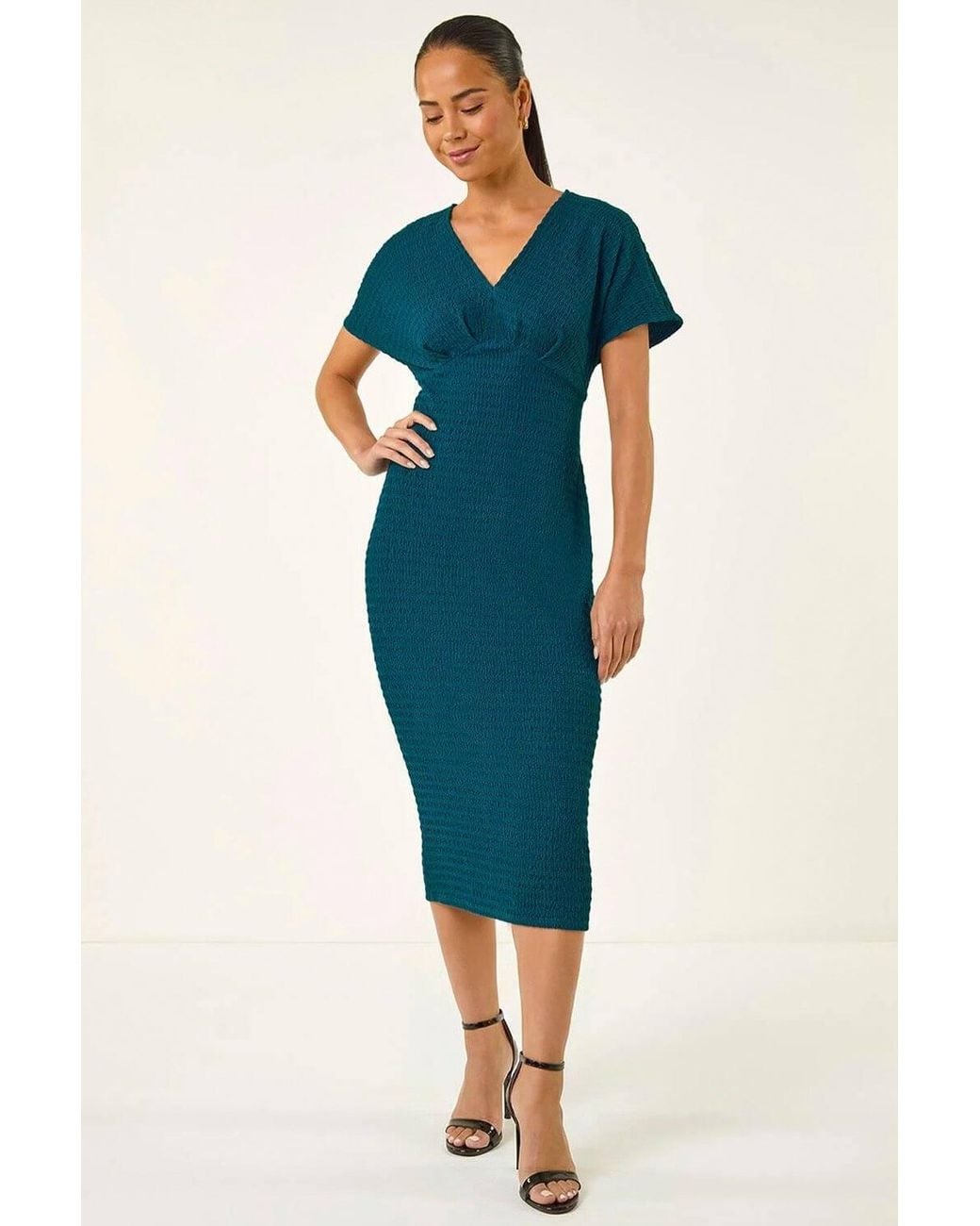 Roman Brown Petite Textured V-Neck Stretch Midi Dress