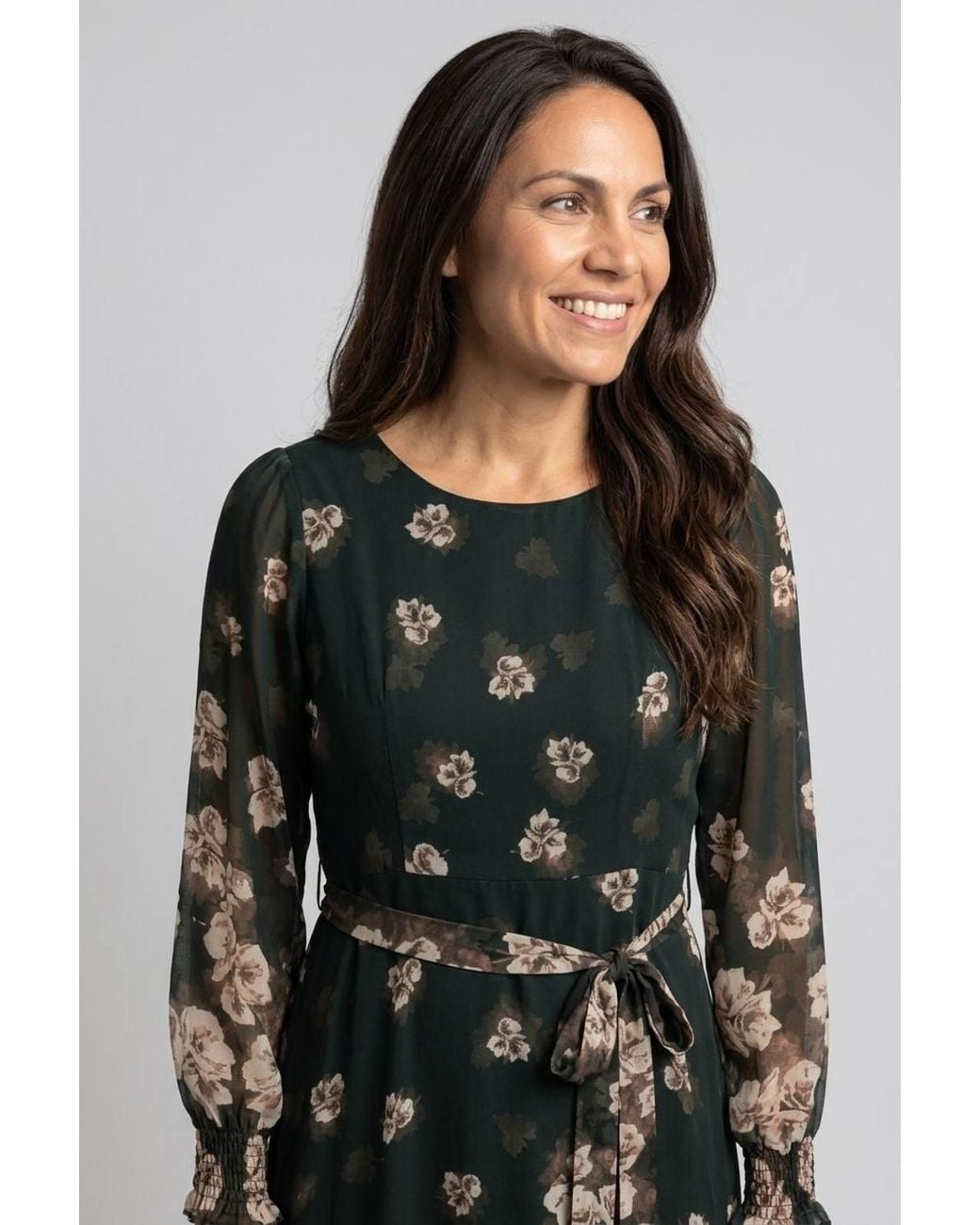 Izabel London Green Floral Layer Long Sleeve Midi Dress