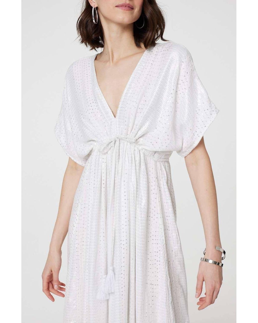 Izabel London White Dotty Empire Waist Kimono Maxi Dress
