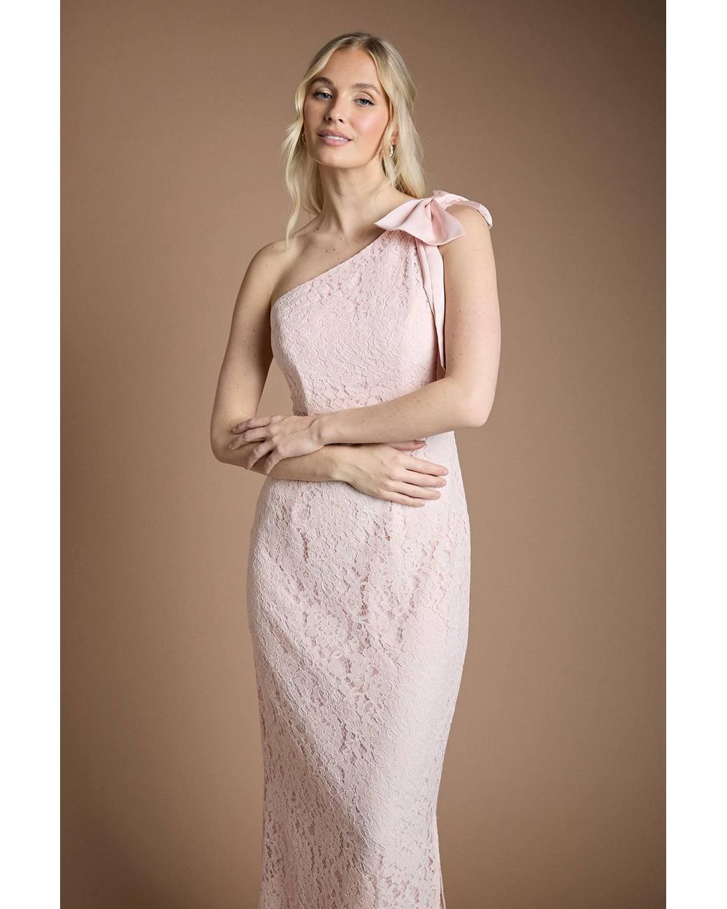 Coast Brown One Shoulder Bow Detail Lace Bridesmaid Dress