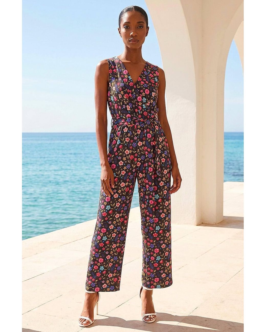 Roman Black Petite Ditsy Wrap Bodice Jumpsuit