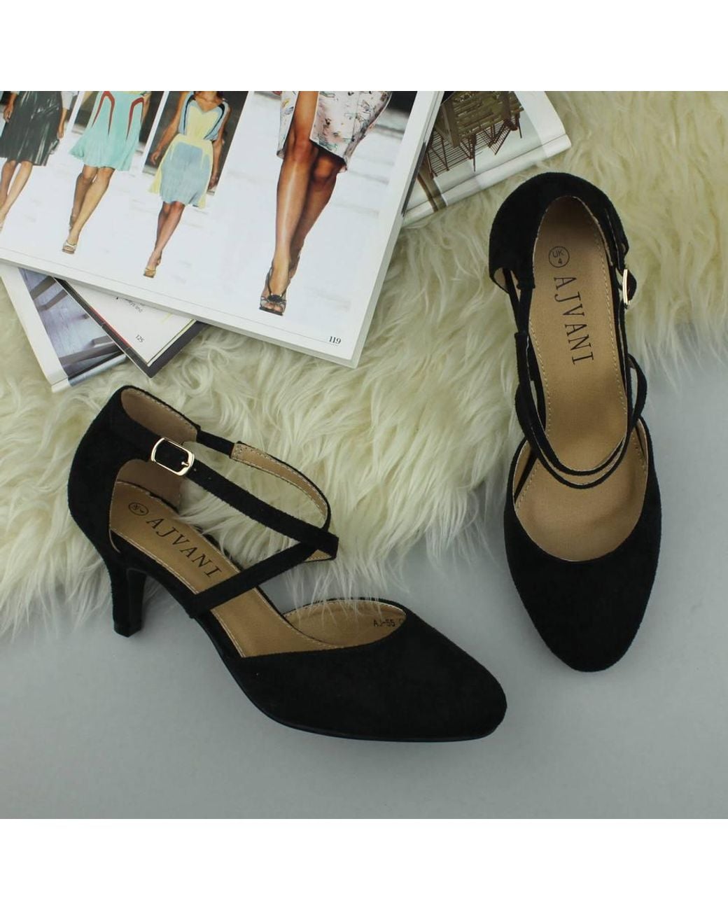 AJVANI Black Mid Heel Crossed Straps Court Shoes