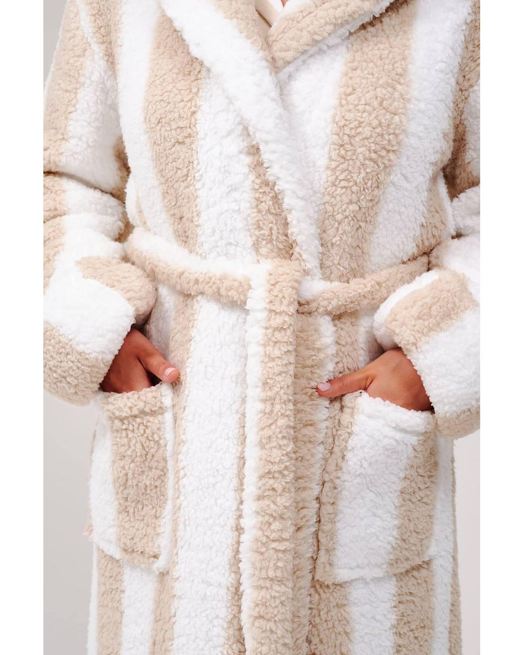 Loungeable Natural Chunky Sherpa Stripe Midi Hooded Dressing Gown