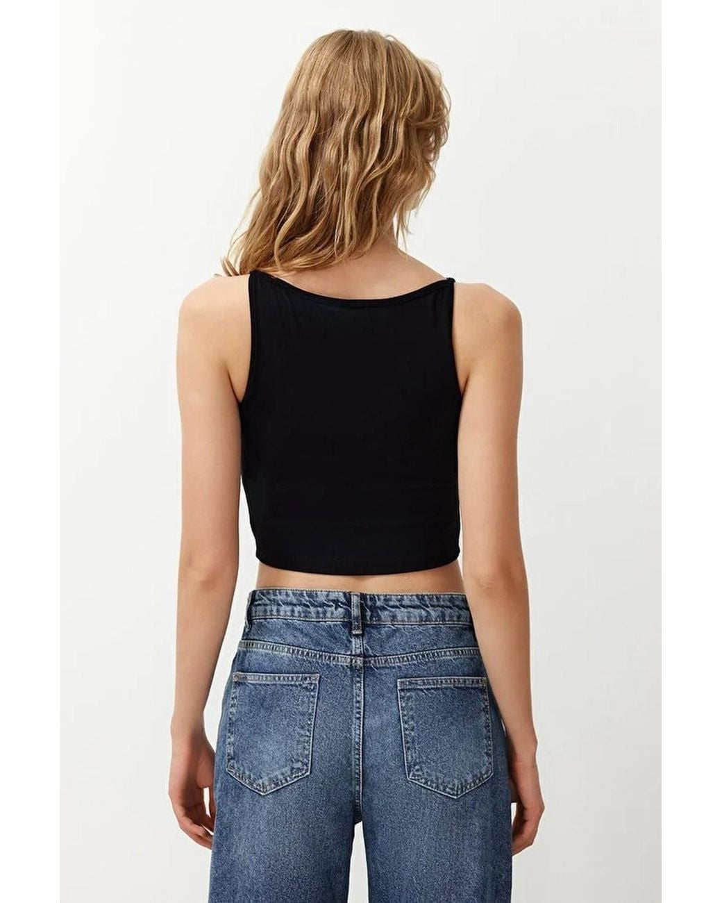 WOVCOR Black Sleeveless Slash Neck Slim Fit Cropped Stretch Top