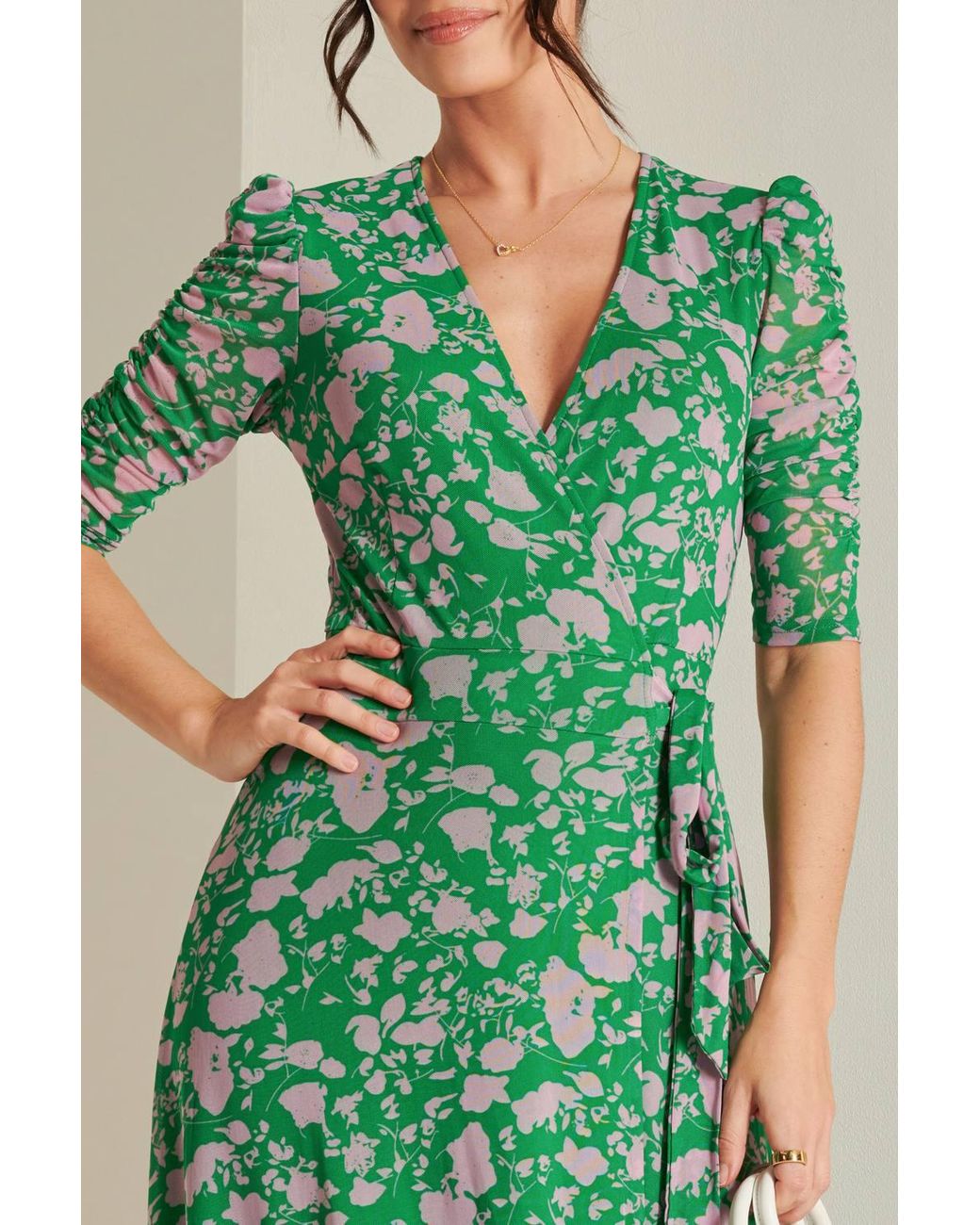Jolie Moi Green Daliyah Wrap Front Mesh Maxi Dress