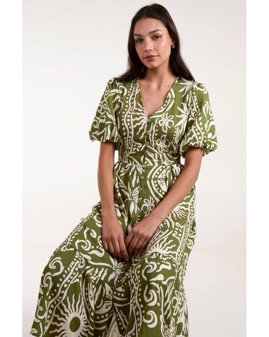 Blue Vanilla Green Elasticated Waist Short Sleeve Button Up V-Neck Midi Dress