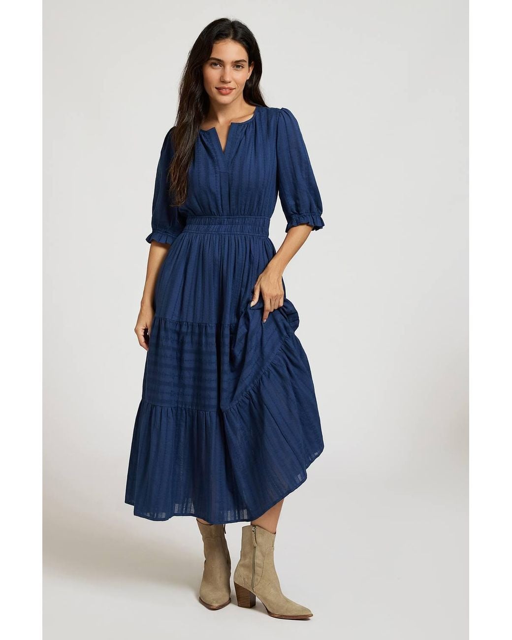 FS Collection Blue Half Sleeve Cotton Floral Jacquard Tiered Midi Dress