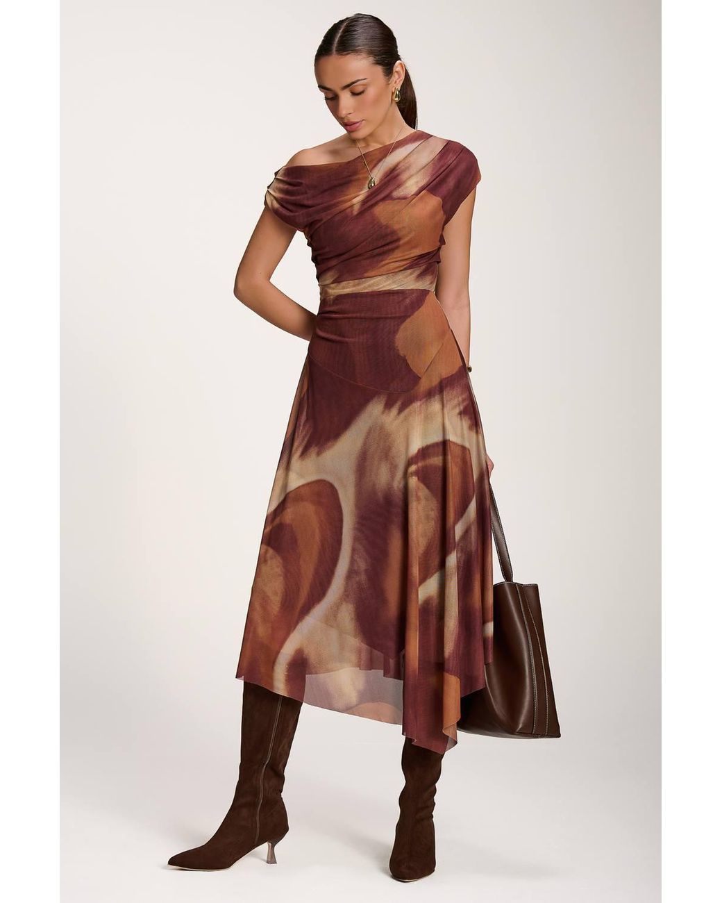 Jolie Moi Brown Asymmetric Draped Mesh Dress