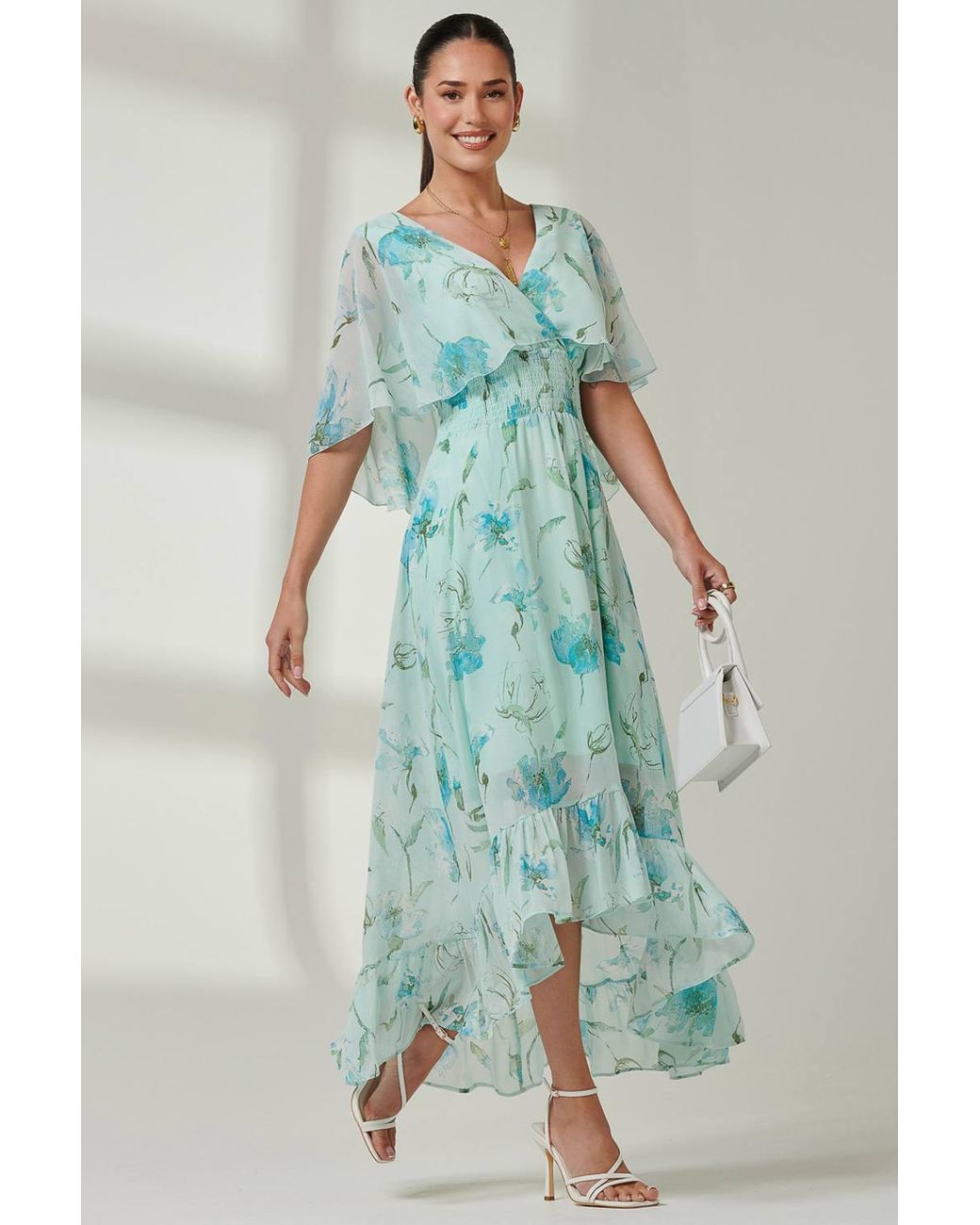 Jolie Moi Green Frill V-Neck Chiffon Maxi Dress