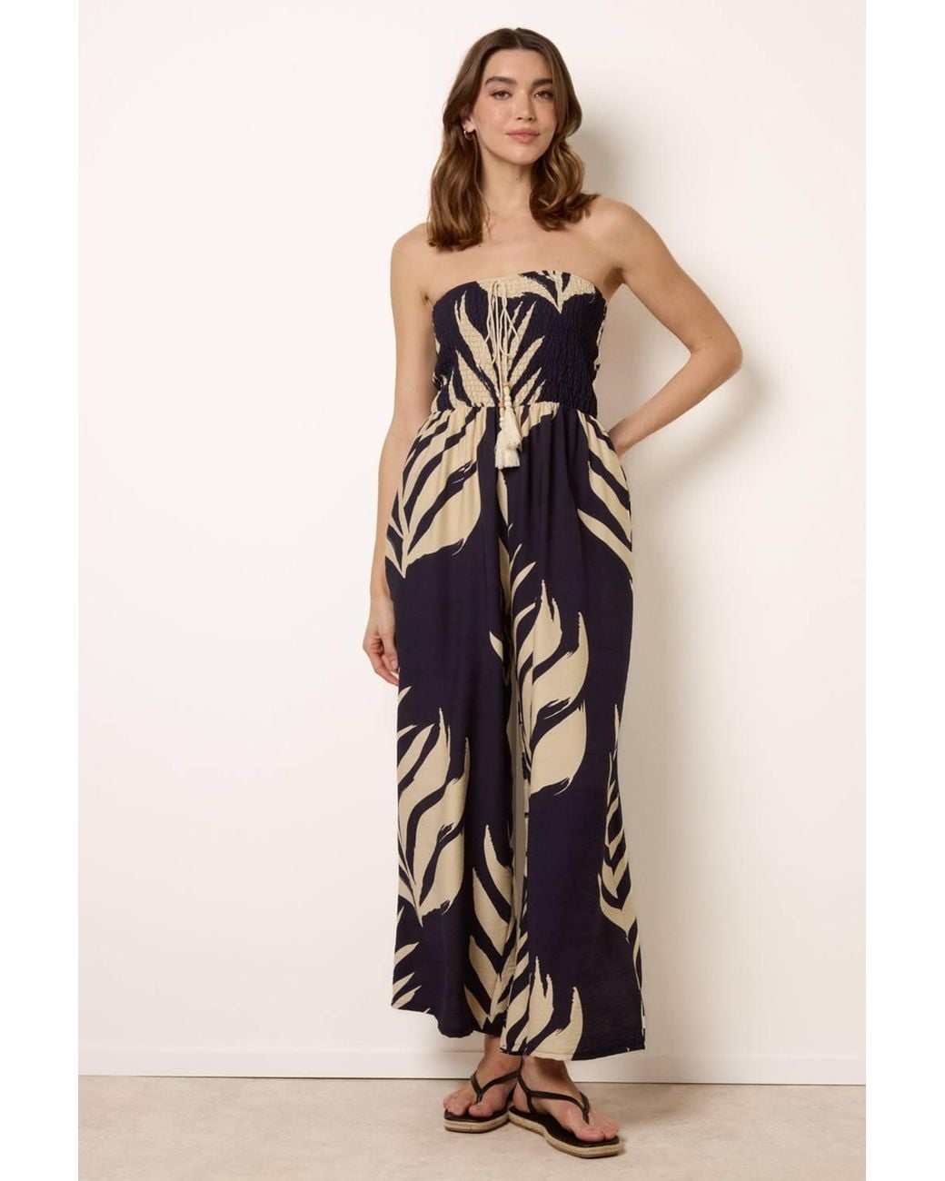 Blue Vanilla Blue Shirred Waist Sleeveless Slip On Tie Jumpsuit