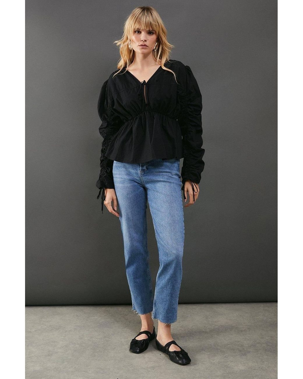 Warehouse Gray Cotton Tie Front Volume Sleeve Blouse