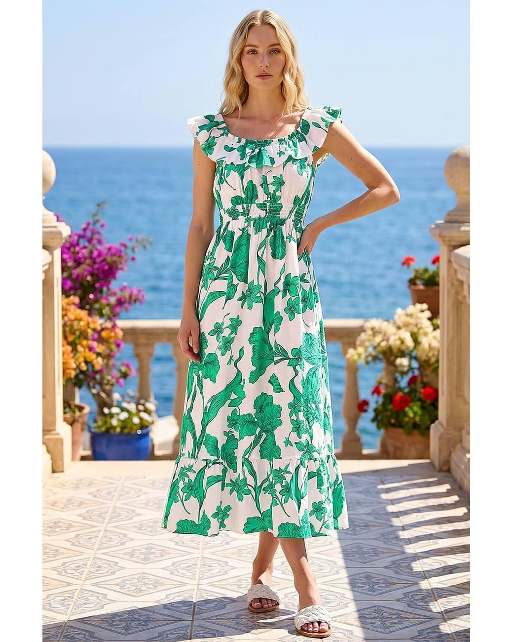 Roman Blue Floral Print Frill Shirred Midi Dress