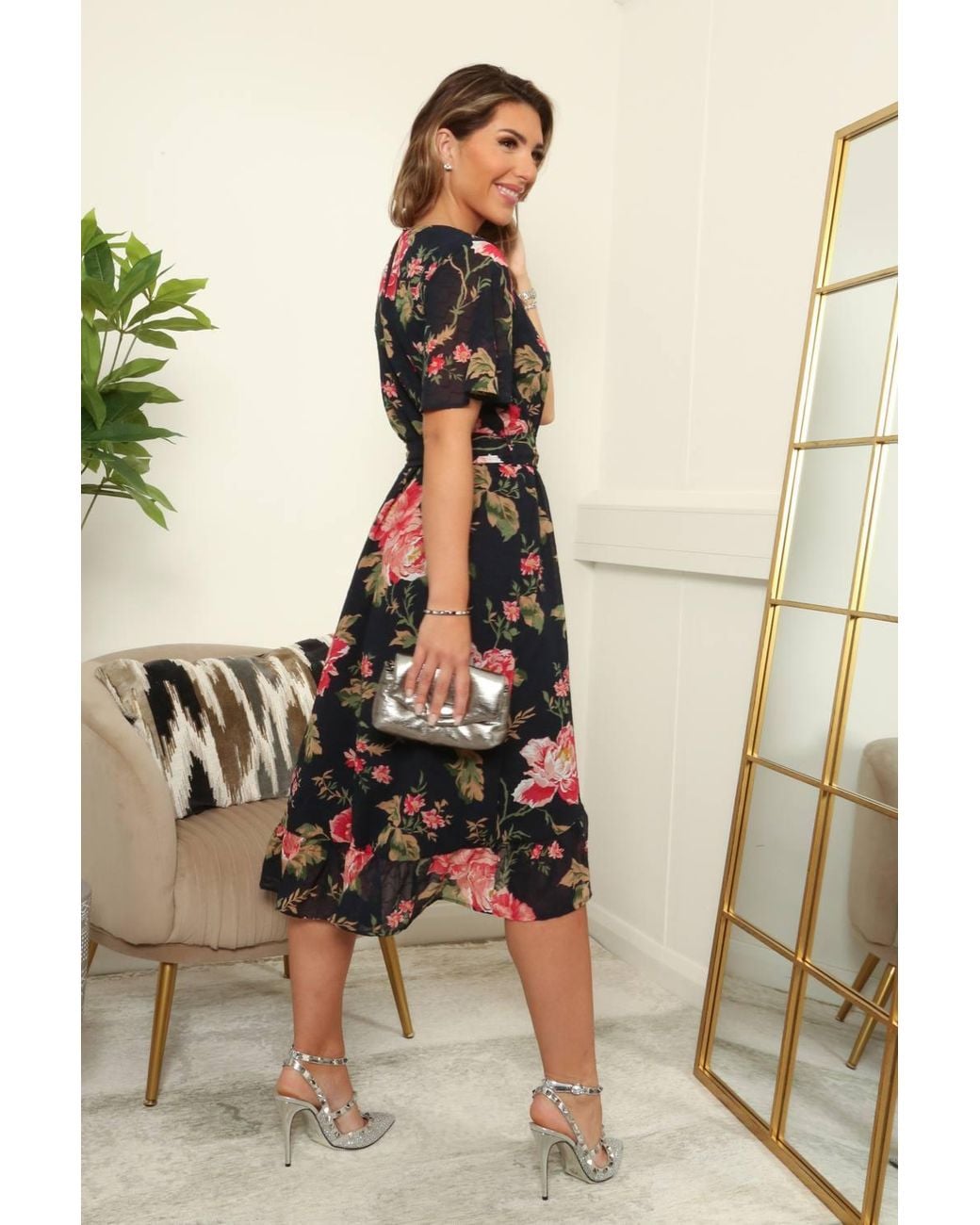 Double Second Black Floral Printed Midi Wrap Dress