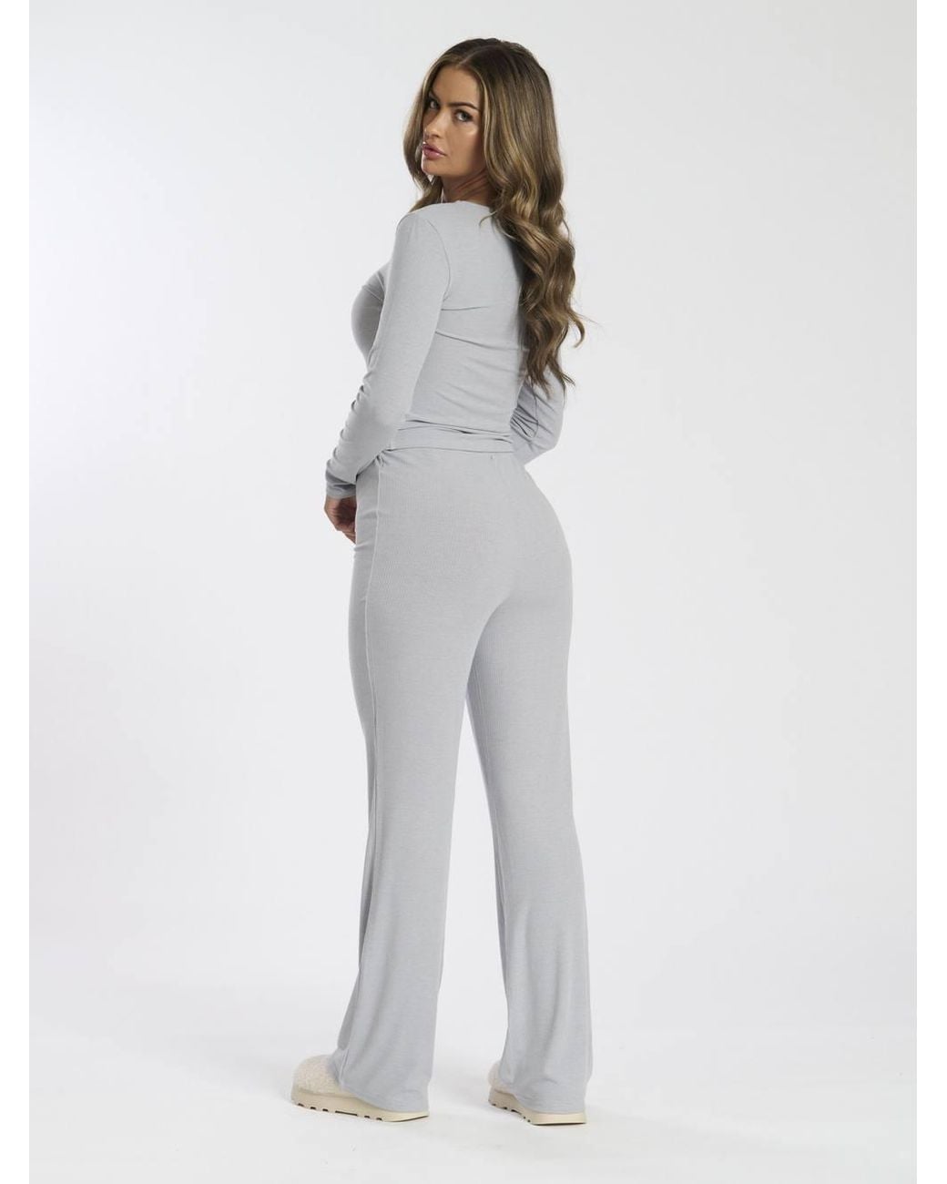 Loungeable White Long Sleeve Top & Flare Legging Lounge Set
