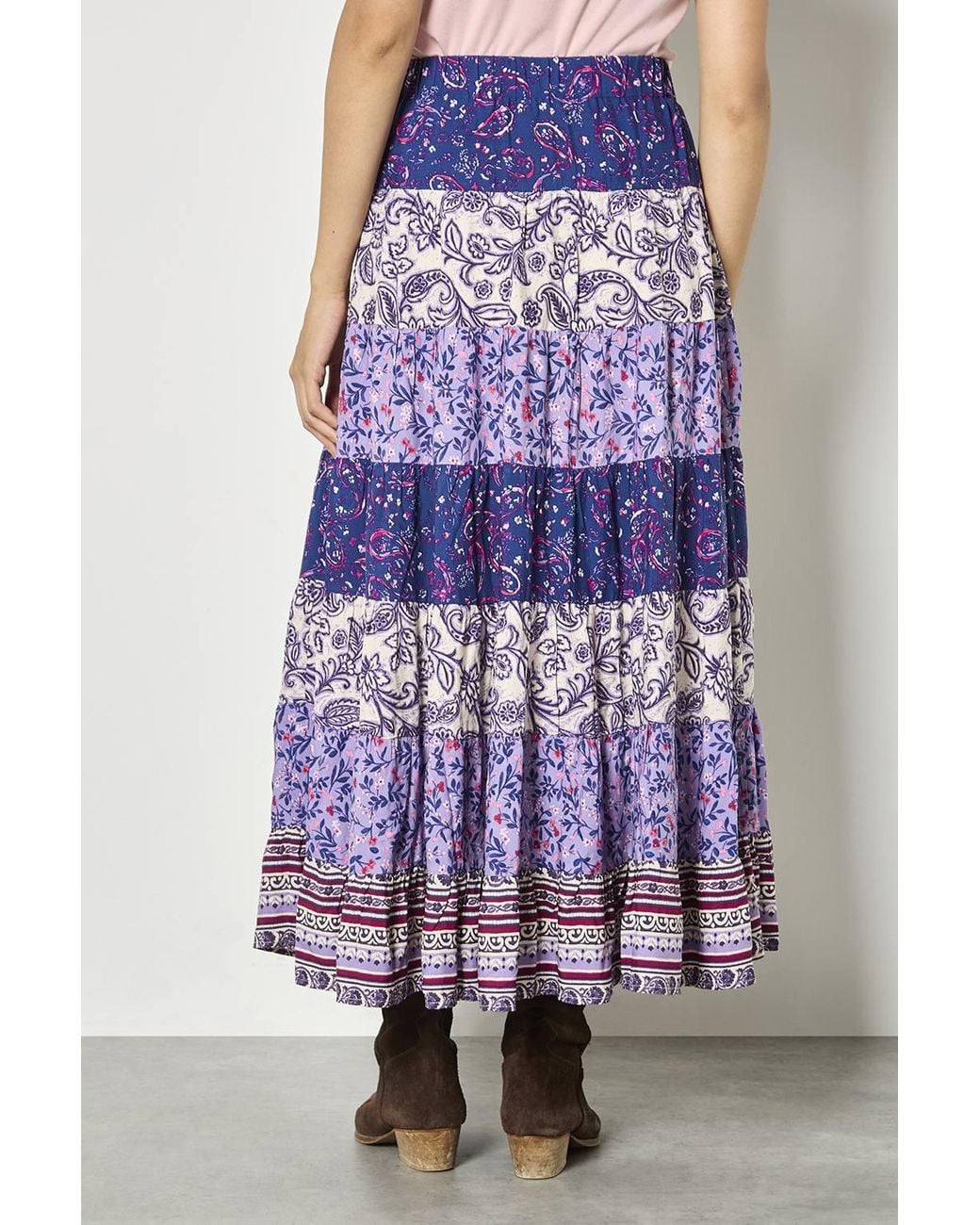 Apricot Purple Patchwork Print Tiered Maxi Skirt