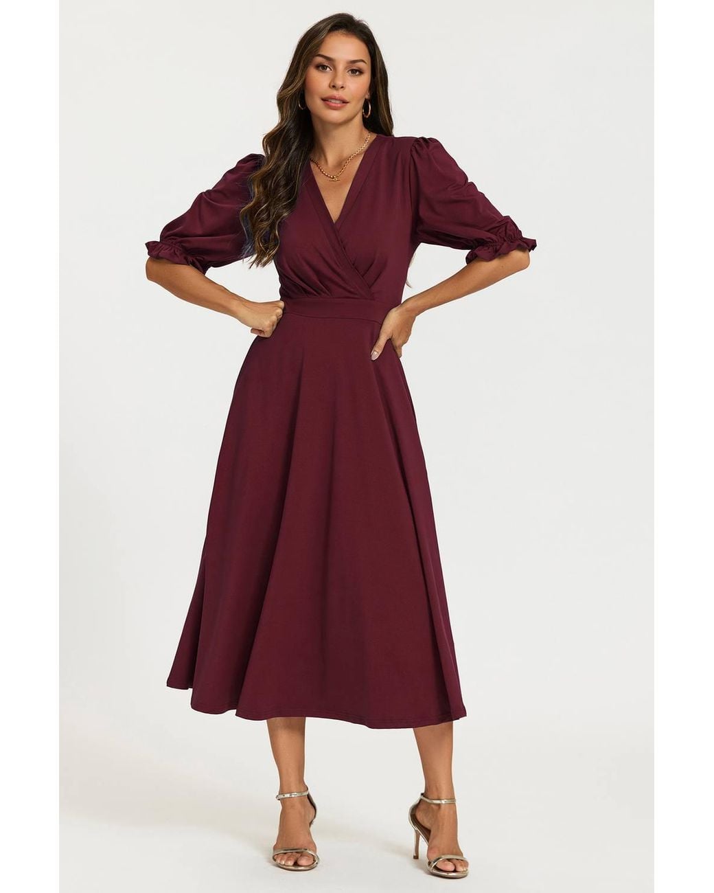 FS Collection Red Half Sleeves Jersey Midi Dress With Wrap Neckline