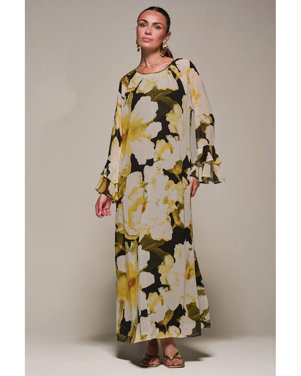 Jolie Moi Natural Chiffon Long Sleeve Shift Maxi Dress