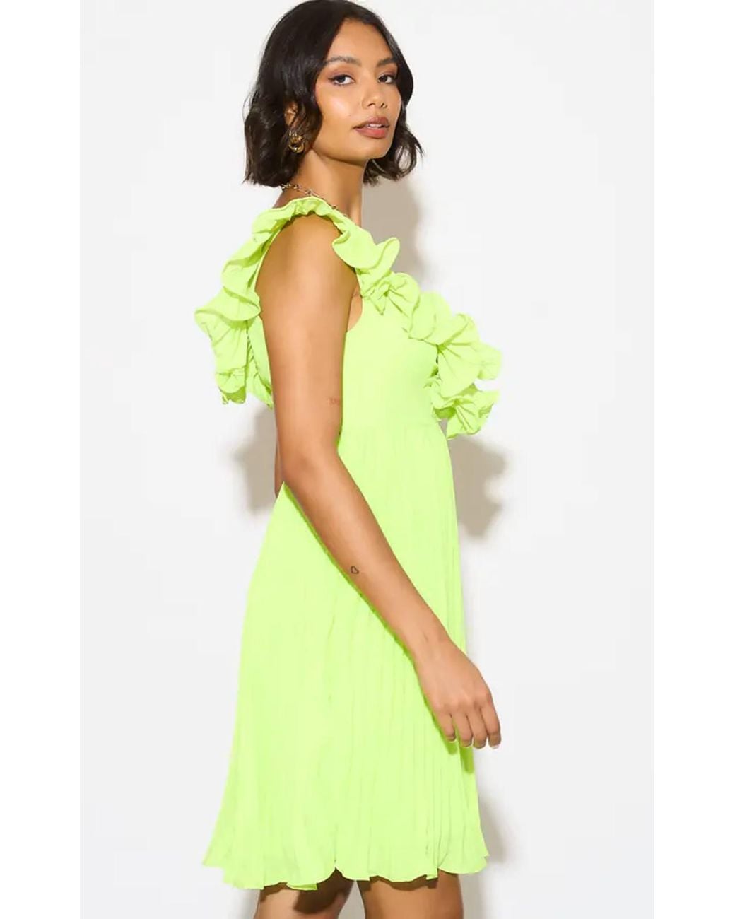 Liquorish Yellow Pleated Frill Detail V Neck Midi Dress