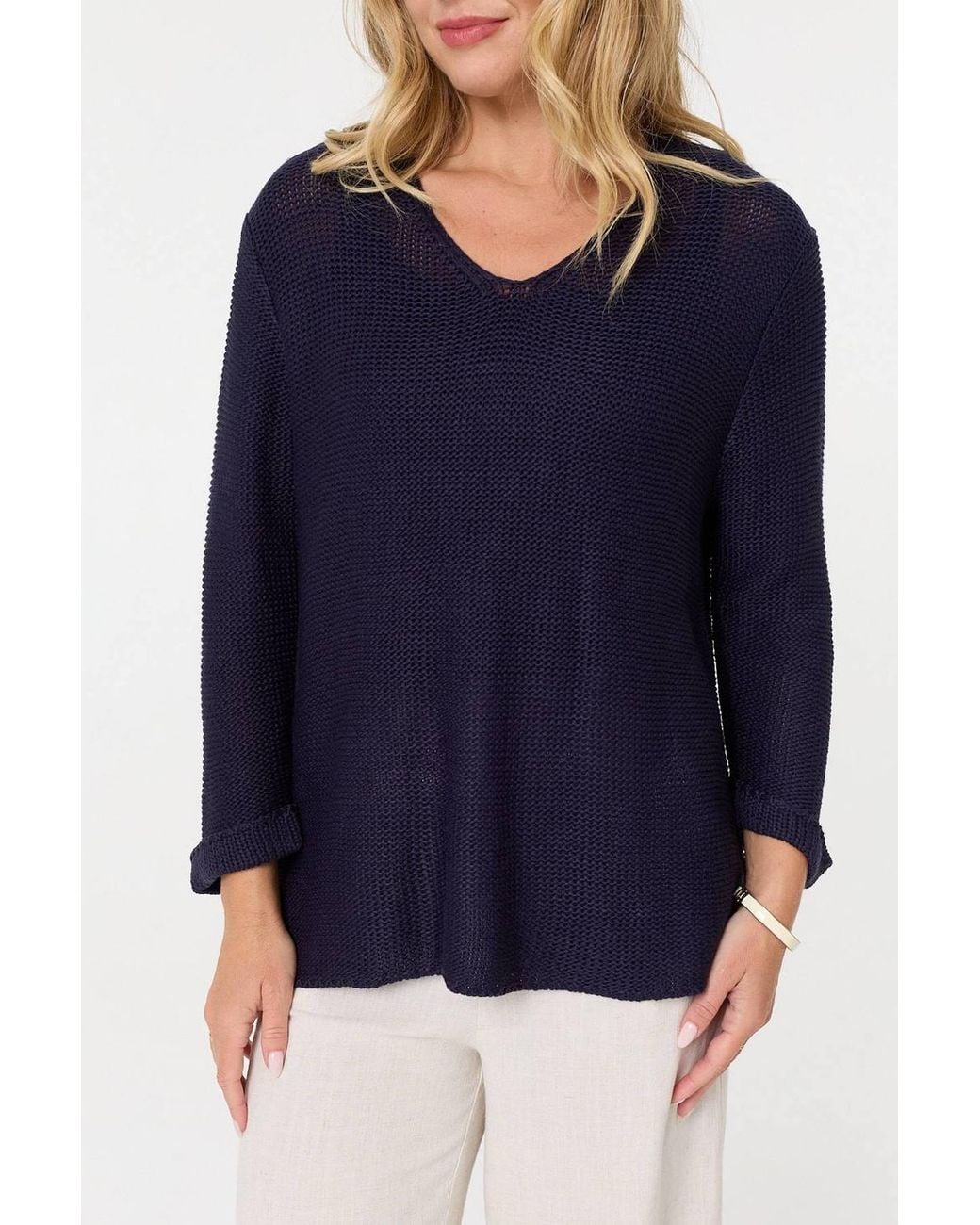 Izabel London Blue Mesh Texture 3/4 Sleeve Relaxed Top
