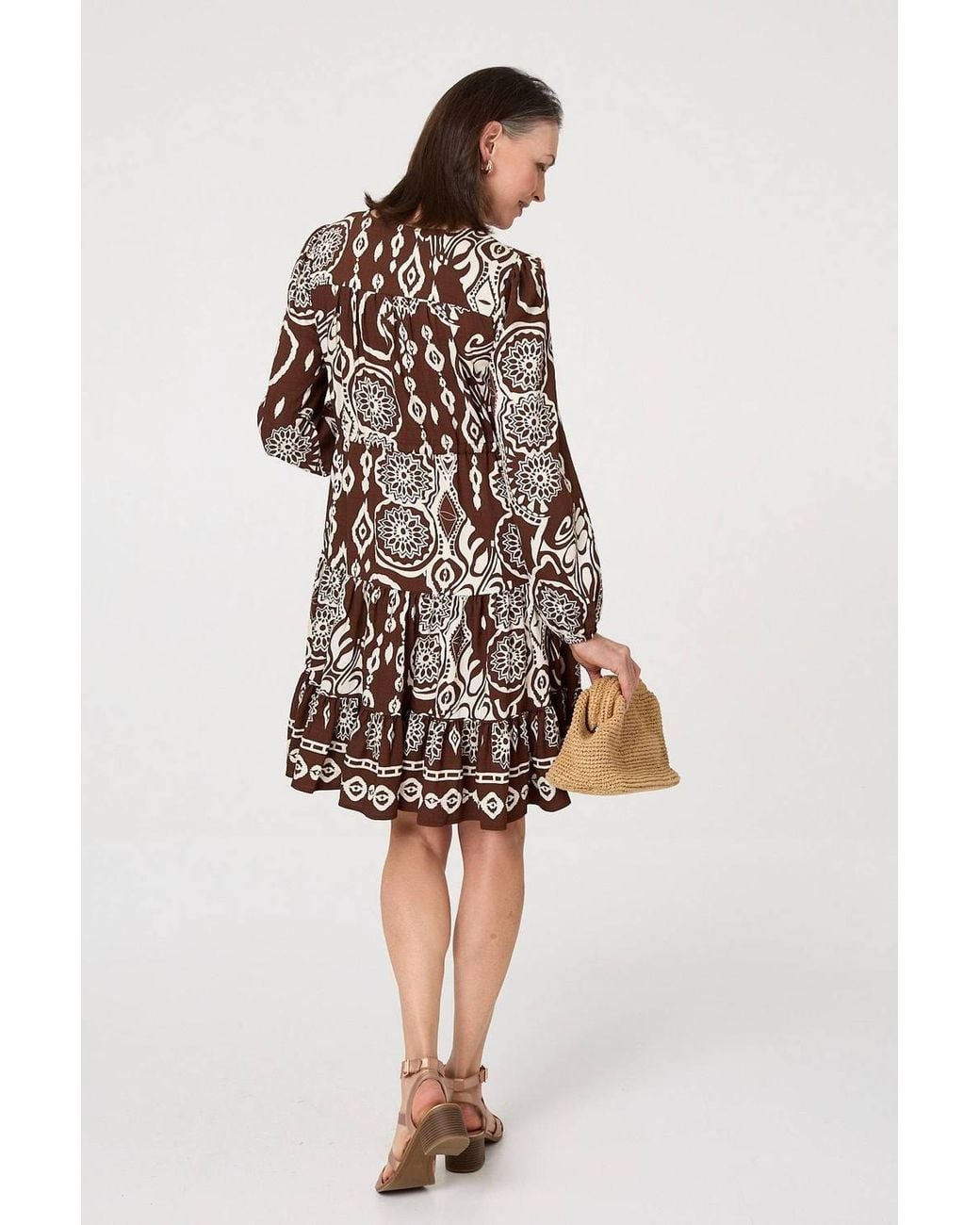 Izabel London Brown Printed Tiered V-Neck Knee Length Dress