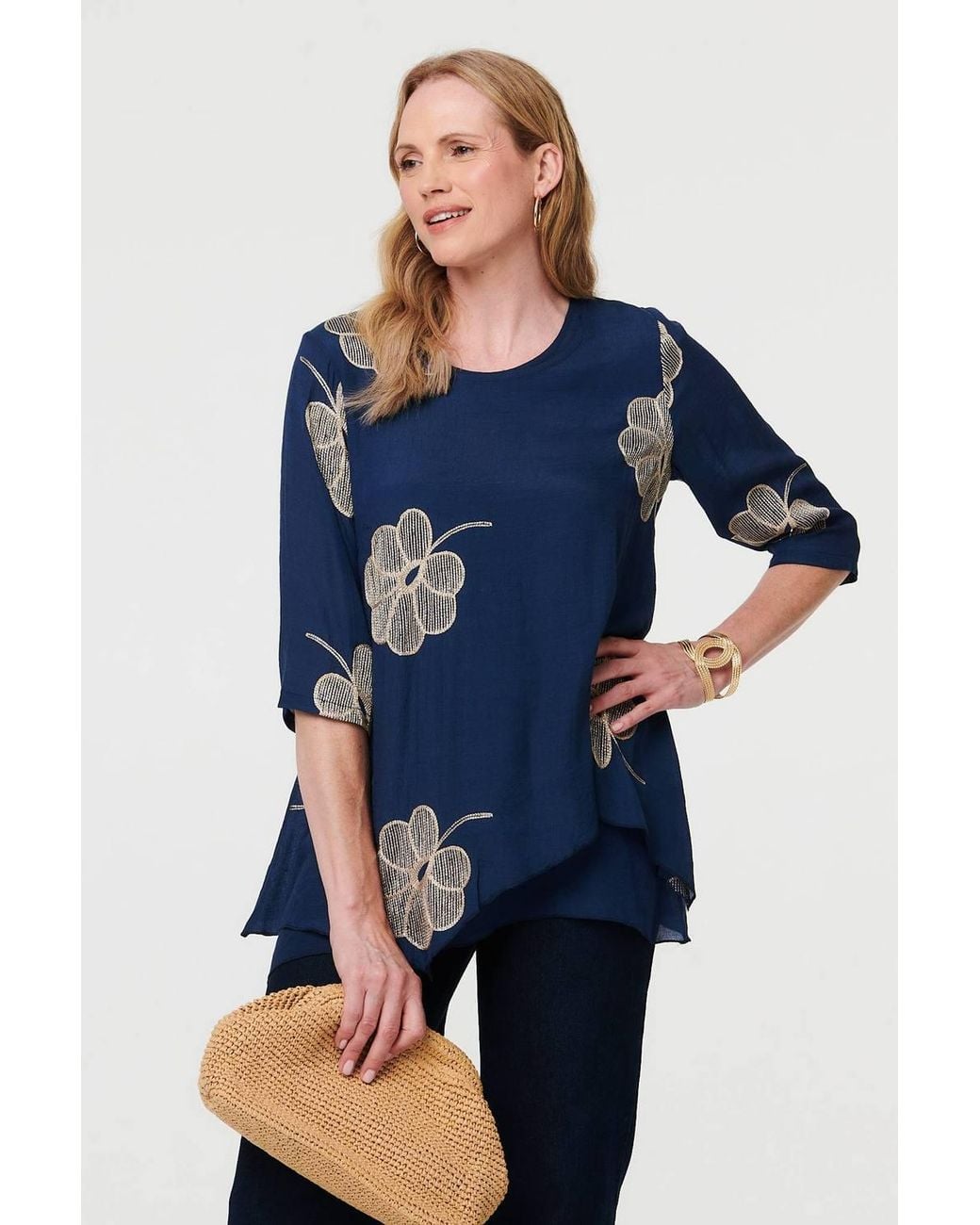 Izabel London Blue Embroidered Texture Layered Blouse