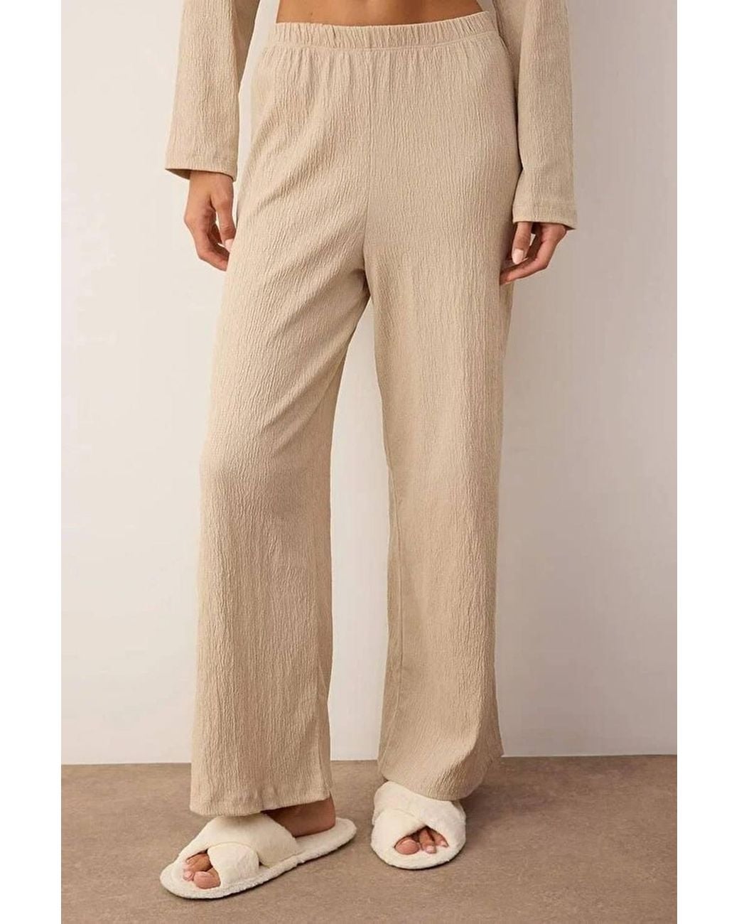 WOVCOR Natural Crinkle Textured Revere Collar Long Sleeve Knit Wide Leg Pyjama Set