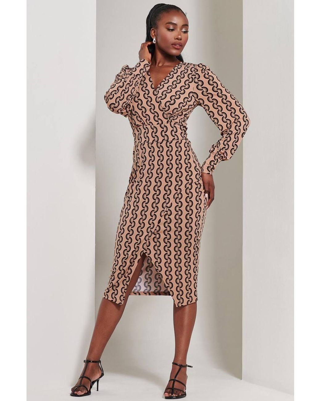 Jolie Moi Natural Print Long Sleeve Jersey Pencil Dress