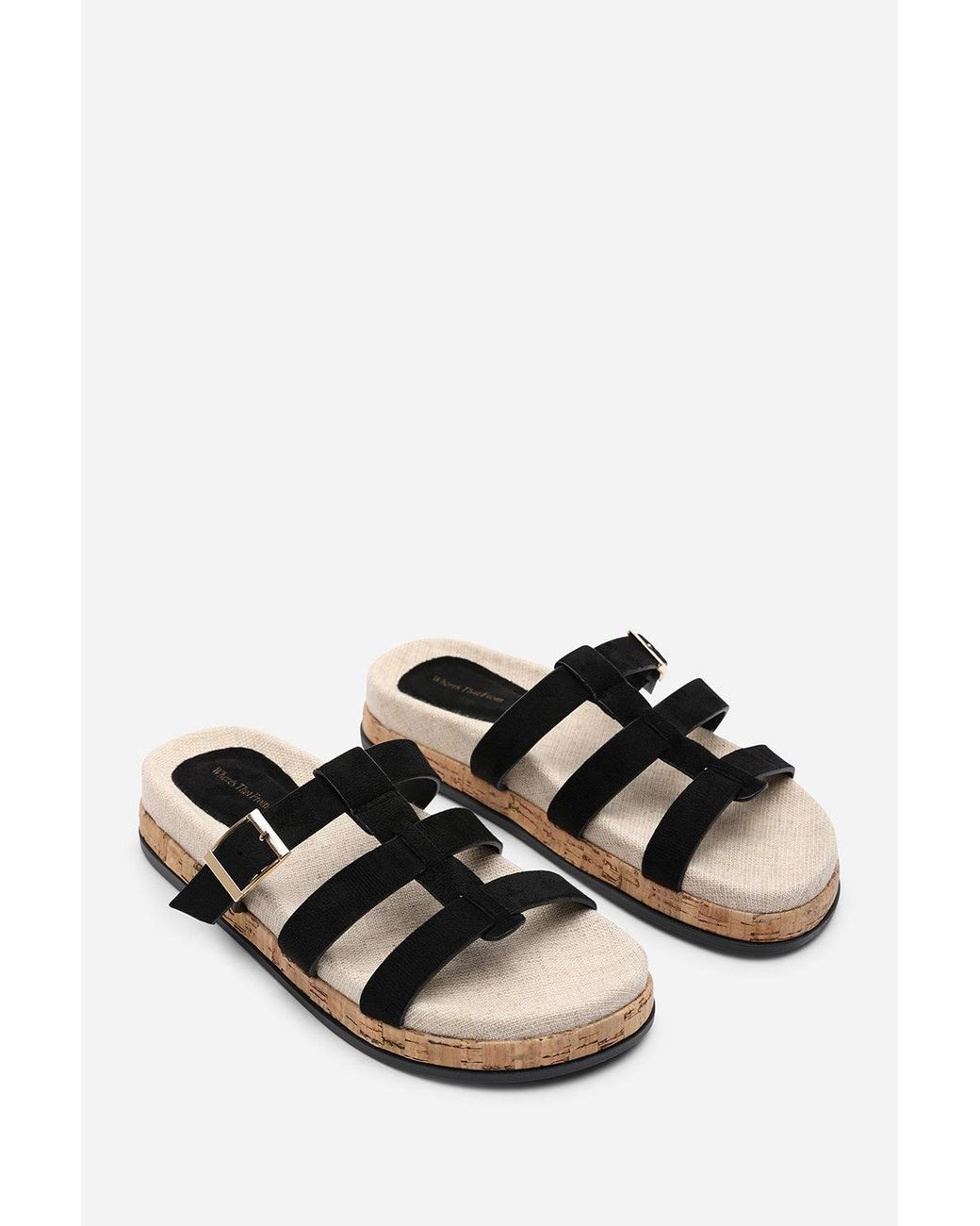 Where's That From Blue 'Bovana' Multi Strap Slider Sandals W/ Buckle Detail