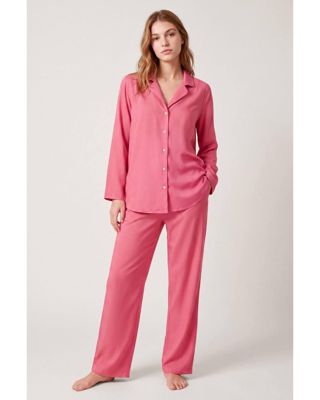 Enorsia Pink Soft Touch Button Through Shirt & Trouser Pyjama Set