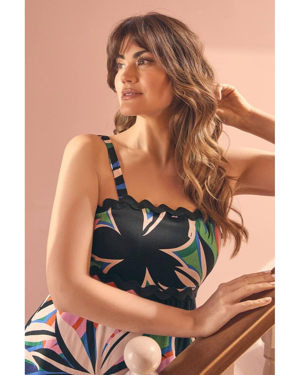 Izabel London Pink Floral Wave Trim Sleeveless Maxi Dress